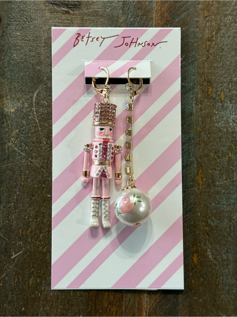 Betsey Johnson Pink Nutcracker Pearl Ornament Mismatch Earrings NIB